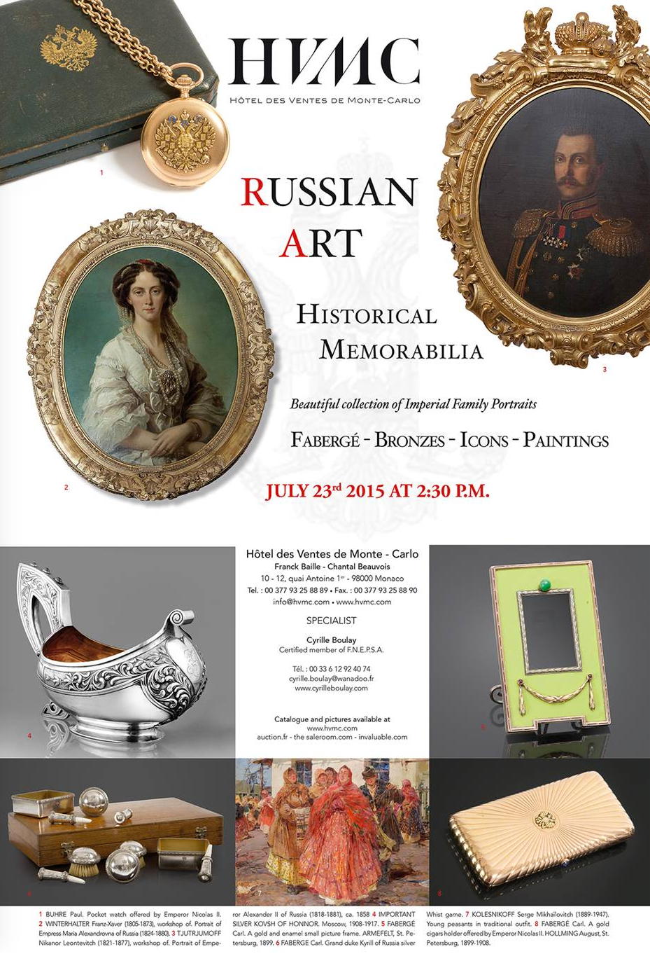Annonce. HVMC. Hôtel des Ventes de Monte-Carlo. Russian Art. Historical memoriabilia. 2015-07-23